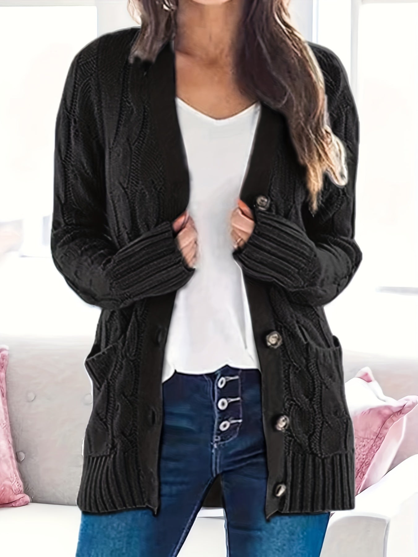 Lissy Gilet Femme – Warm Cable Knit Cardigan with Buttons & Modern Comfortable Fit