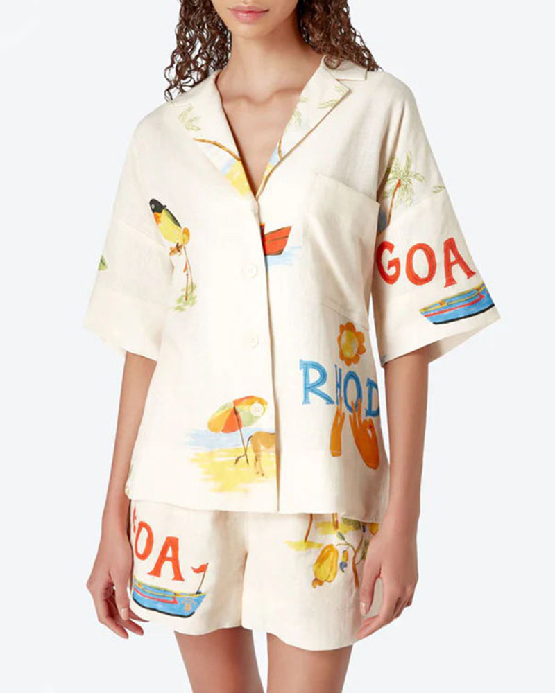 Stella Linen Set Women – Summer Coordinated with Tropical Print, Light Shirt & Comfortable Shorts