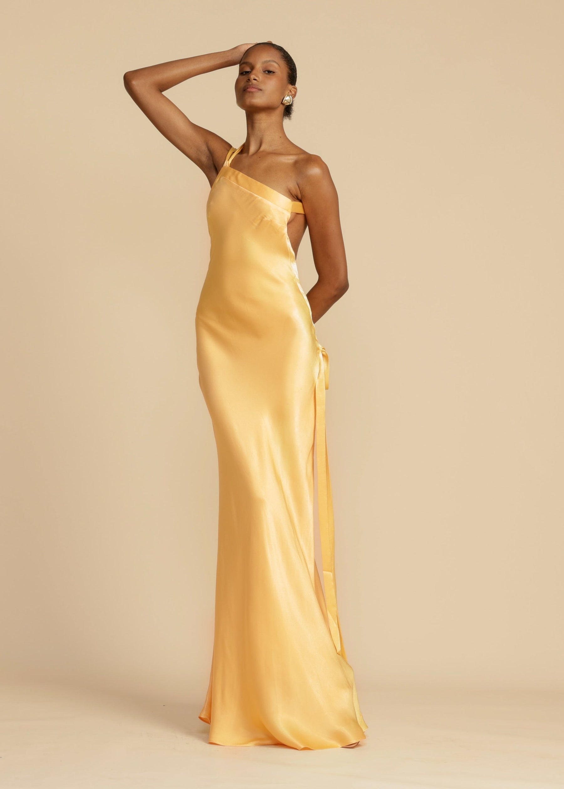Elena Long Dress Woman – Silk Satin Evening Dress with Open Back & Asymmetric Neckline