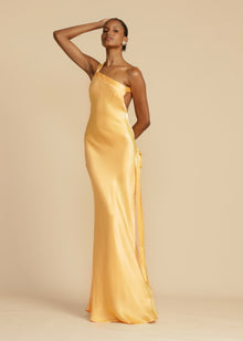 Elena Long Dress Woman – Silk Satin Evening Dress with Open Back & Asymmetric Neckline