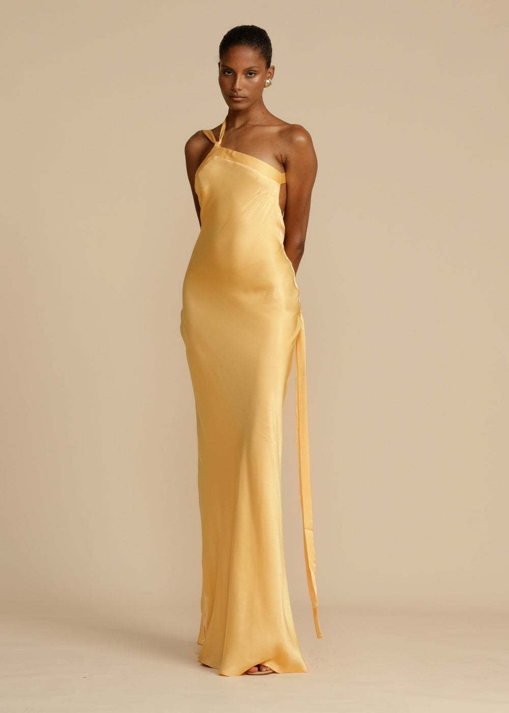 Elena Long Dress Woman – Silk Satin Evening Dress with Open Back & Asymmetric Neckline
