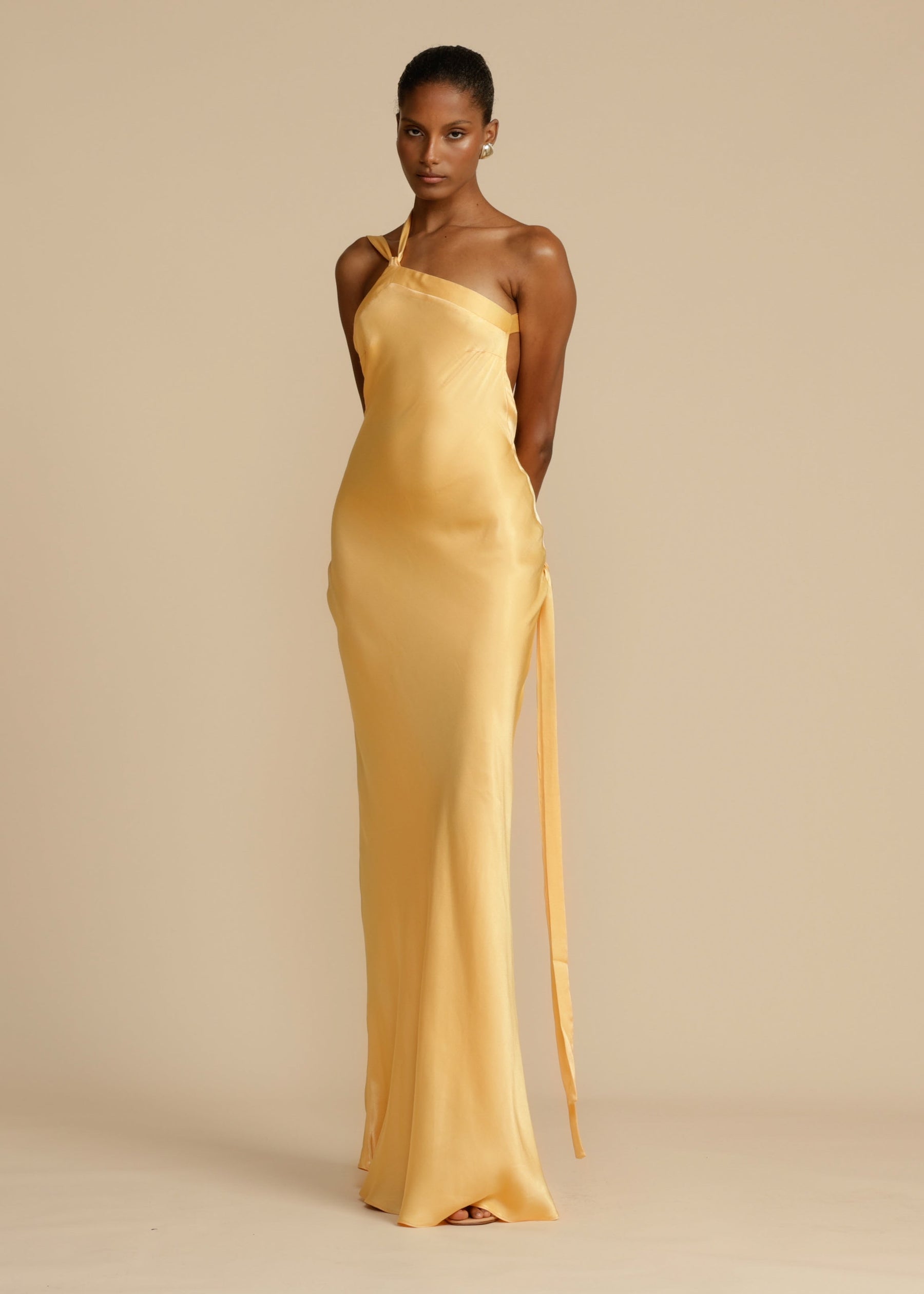 Elena Long Dress Woman – Silk Satin Evening Dress with Open Back & Asymmetric Neckline