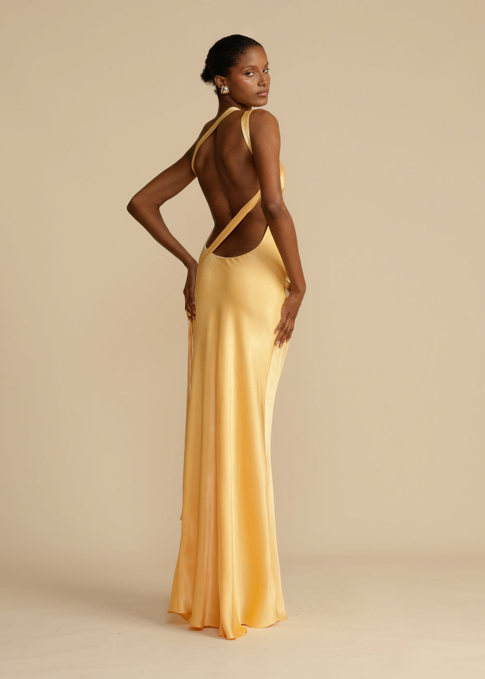 Elena Long Dress Woman – Silk Satin Evening Dress with Open Back & Asymmetric Neckline