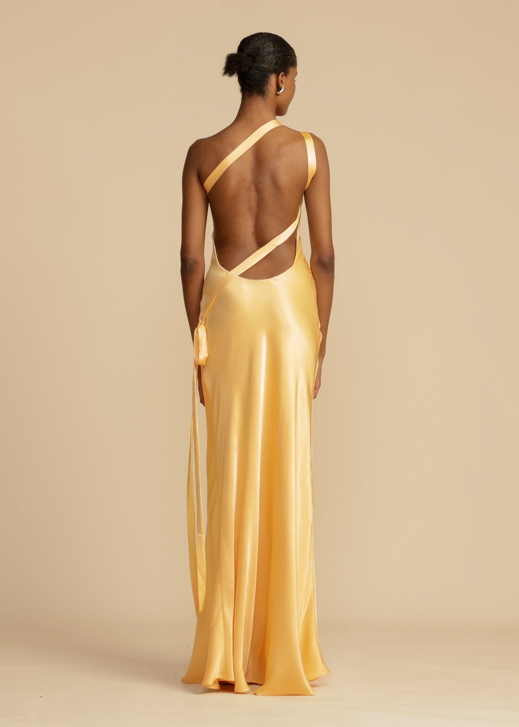 Elena Long Dress Woman – Silk Satin Evening Dress with Open Back & Asymmetric Neckline