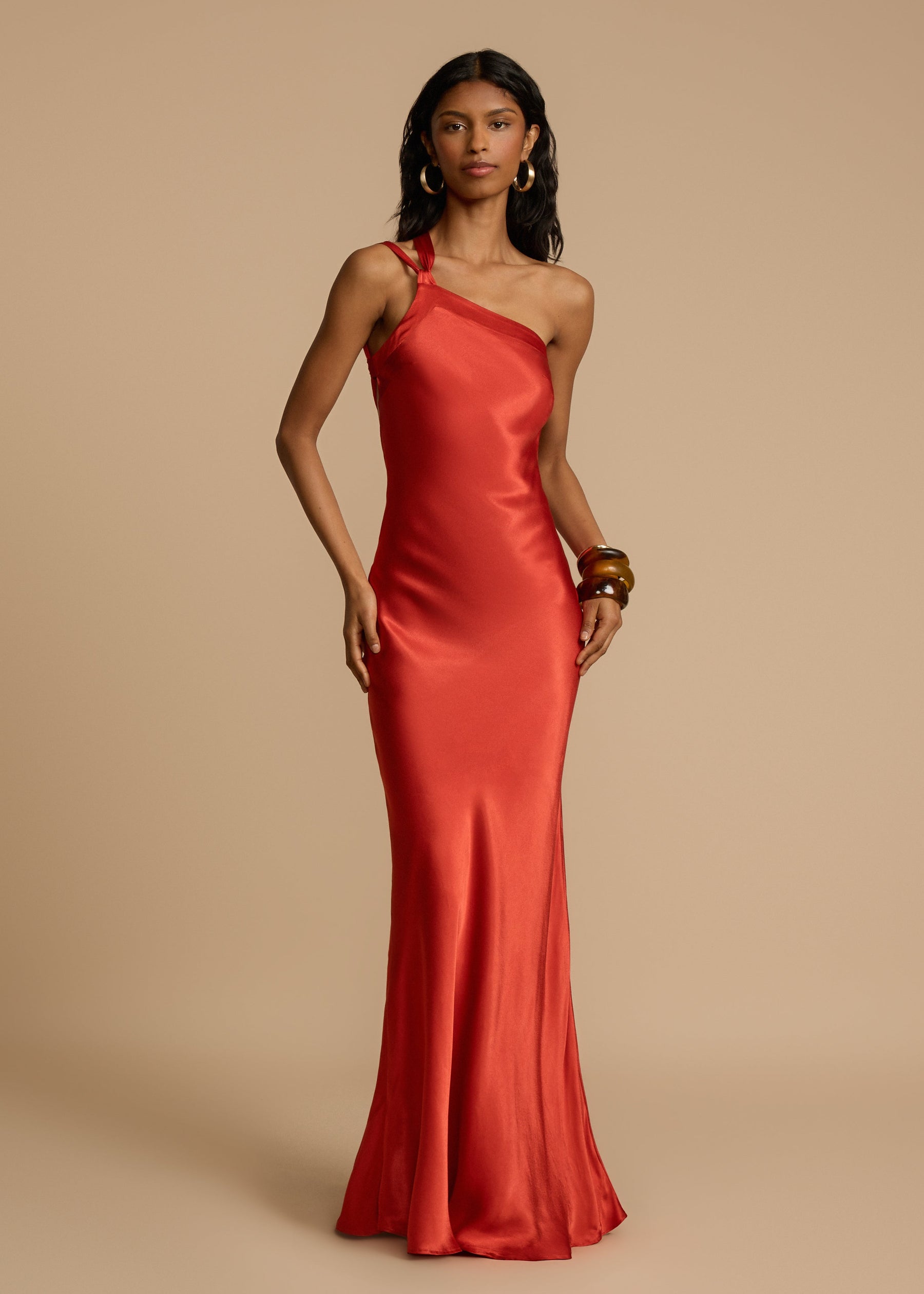 Elena Long Dress Woman – Silk Satin Evening Dress with Open Back & Asymmetric Neckline