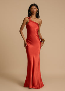 Elena Long Dress Woman – Silk Satin Evening Dress with Open Back & Asymmetric Neckline