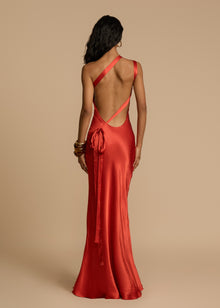 Elena Long Dress Woman – Silk Satin Evening Dress with Open Back & Asymmetric Neckline
