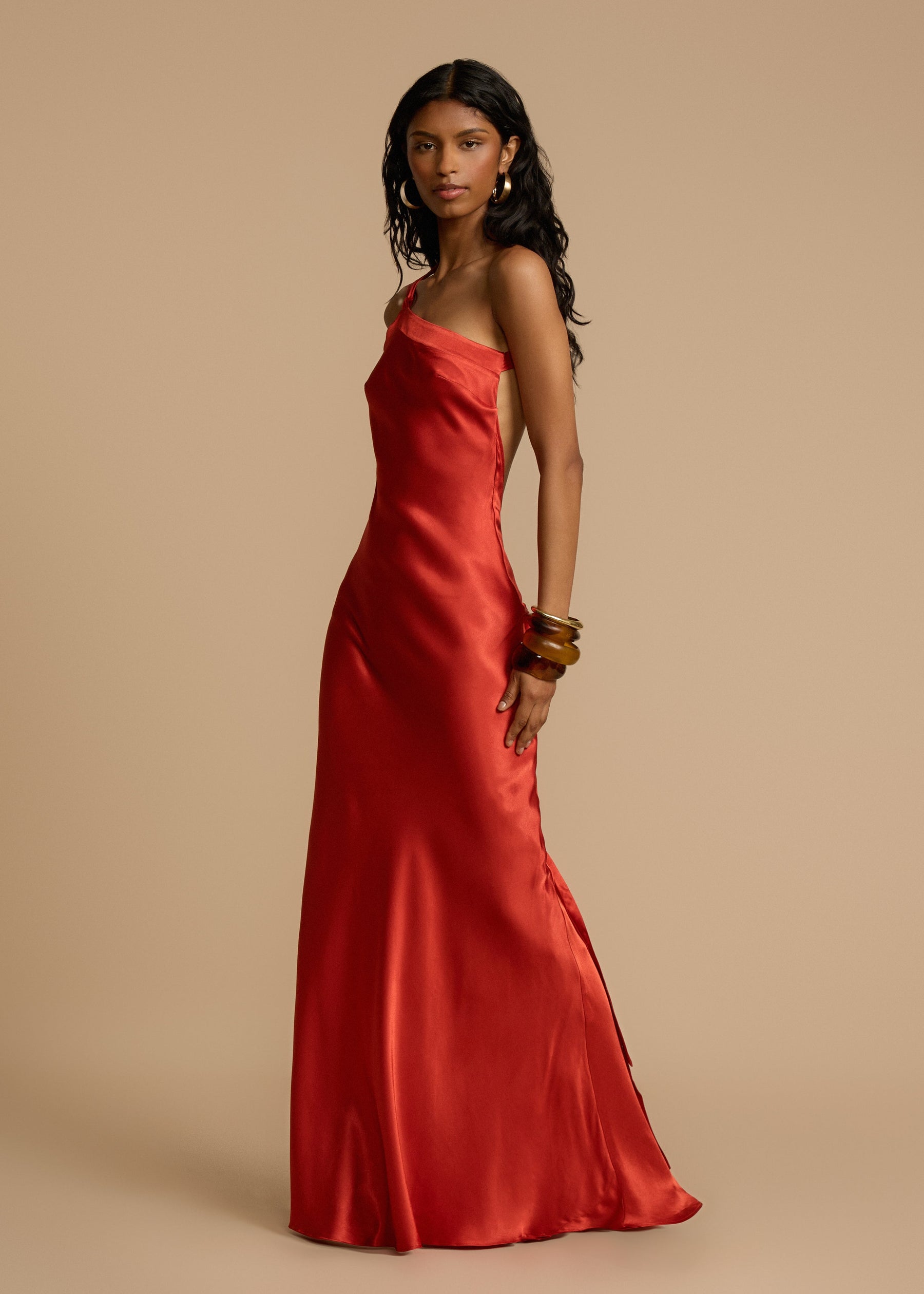Elena Long Dress Woman – Silk Satin Evening Dress with Open Back & Asymmetric Neckline