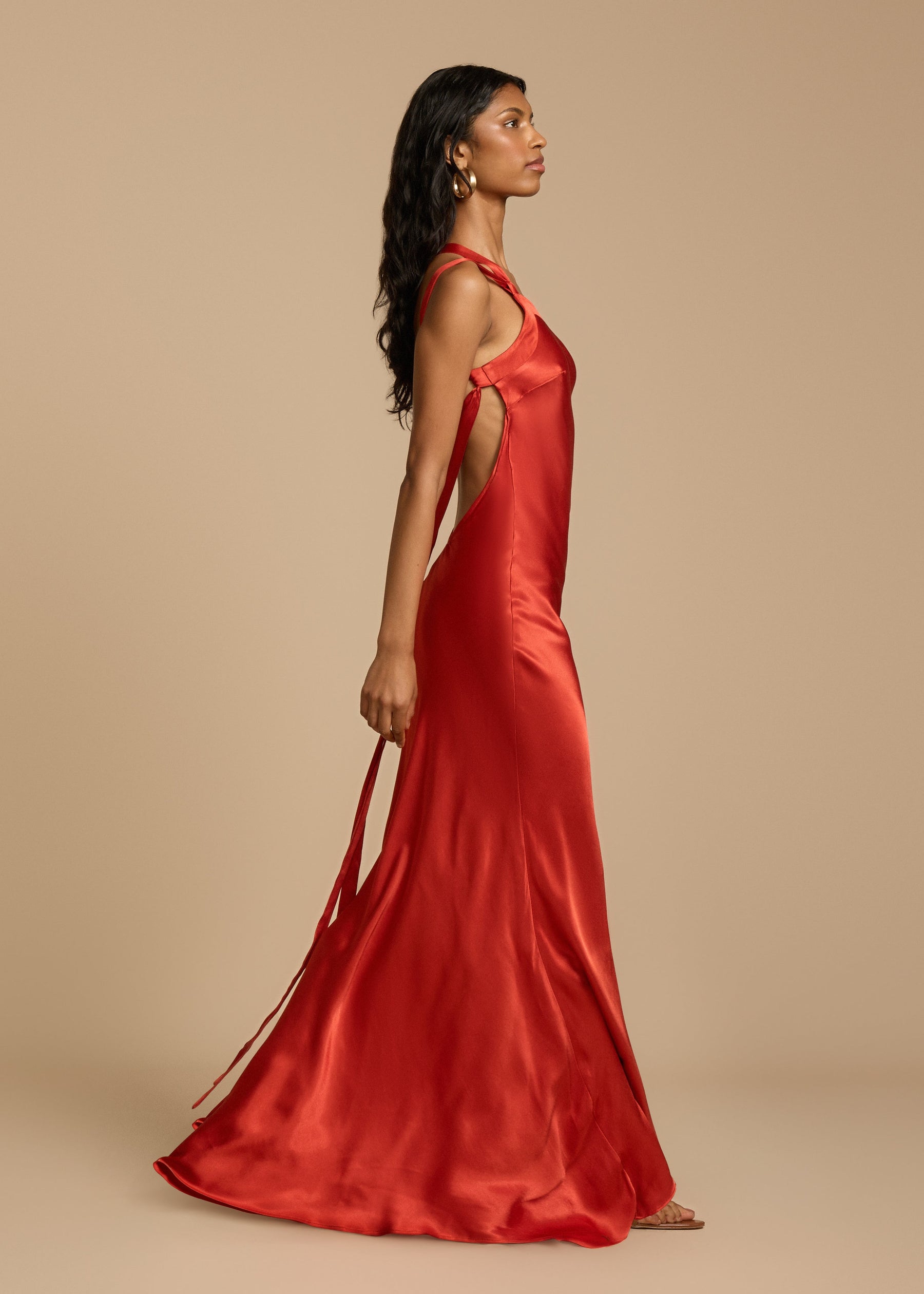 Elena Long Dress Woman – Silk Satin Evening Dress with Open Back & Asymmetric Neckline