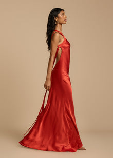 Elena Long Dress Woman – Silk Satin Evening Dress with Open Back & Asymmetric Neckline