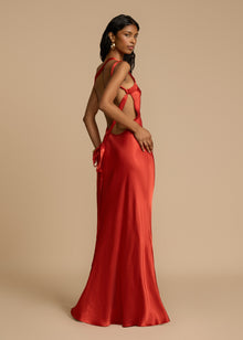 Elena Long Dress Woman – Silk Satin Evening Dress with Open Back & Asymmetric Neckline