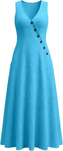 Laura Women's Dress – Midi Cotton Dress V-Neck Sleeveless Buttons A-Line Cut Summer