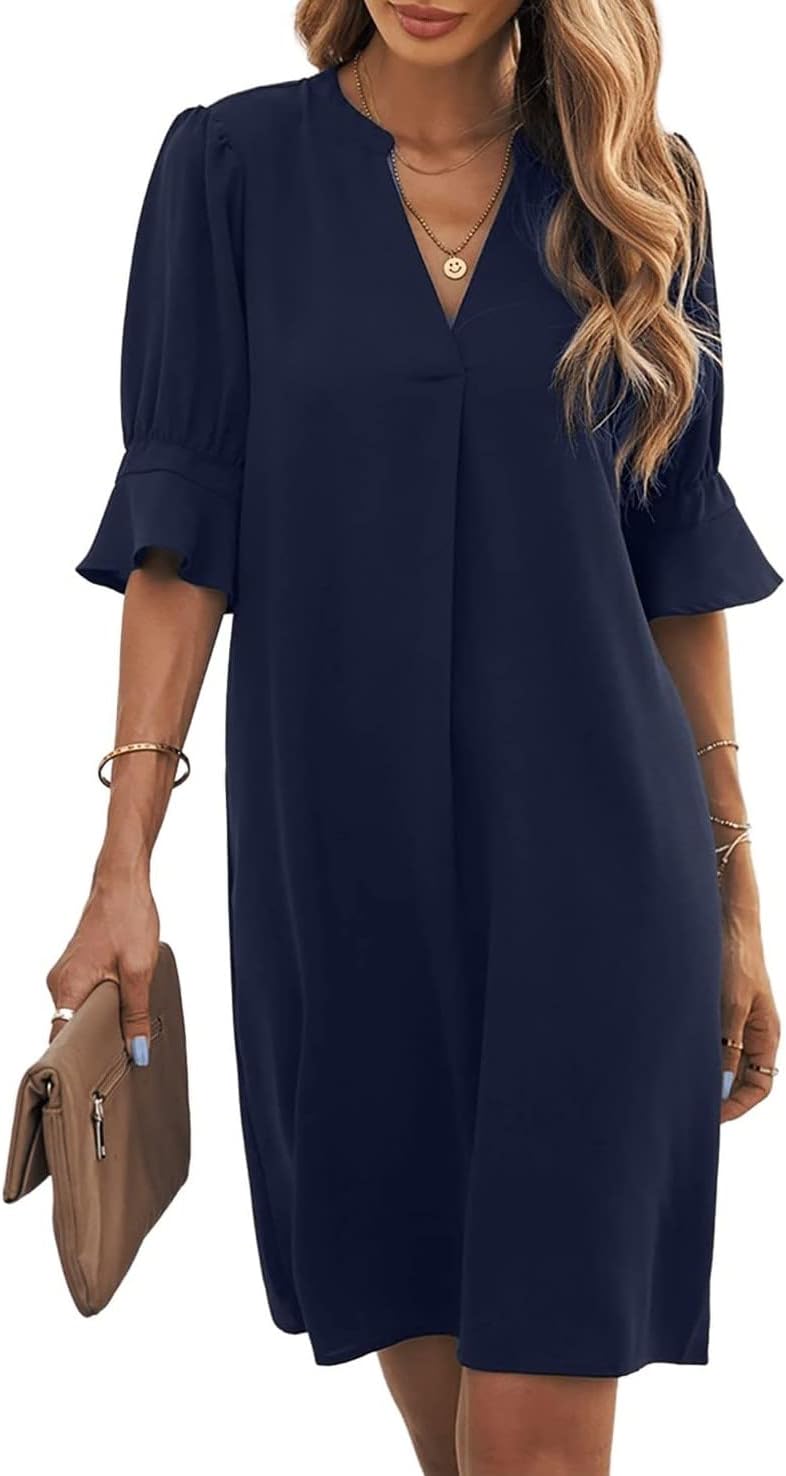 Emily Women's Summer Dress – Elegant V-Neck Dress with Loose Fit and Mid-Length Sleeves