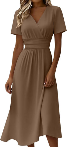 Claire Women's Dress – Elegant Summer Midi Dress with V-Neck, Wrap Front, Empire Waist, A-Line