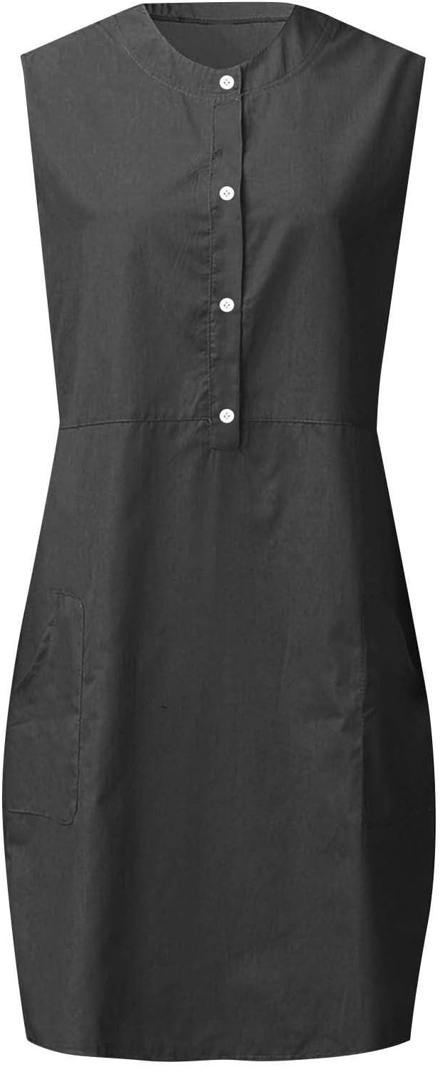 Nina Women's Dress – Mini Linen Dress with Round Neck, Sleeveless, Flowing Cut with Pockets, Summer