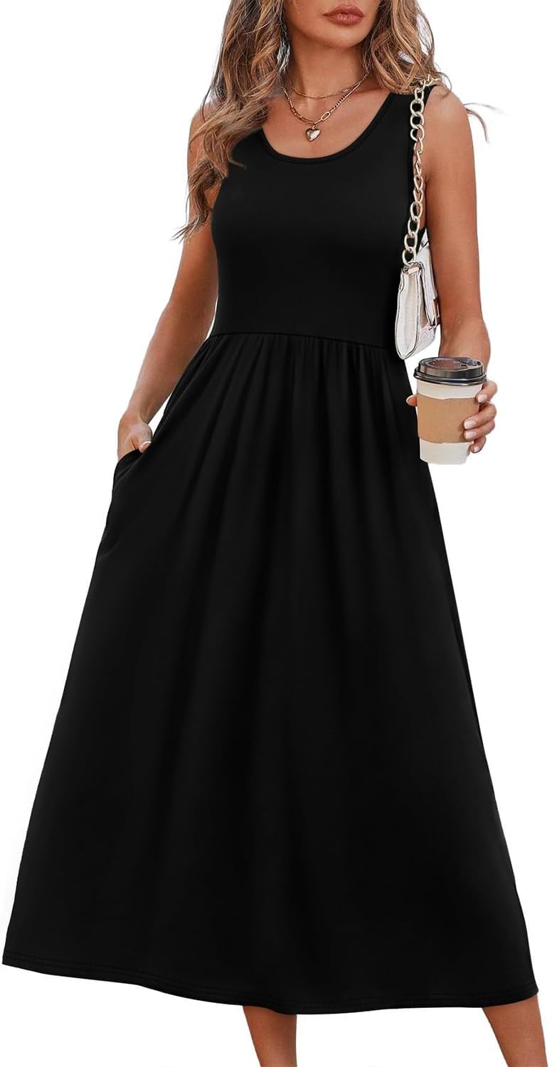 Lina Women's Dress – Bohemian Floral Maxi Dress Round Neck Sleeveless Summer Pockets
