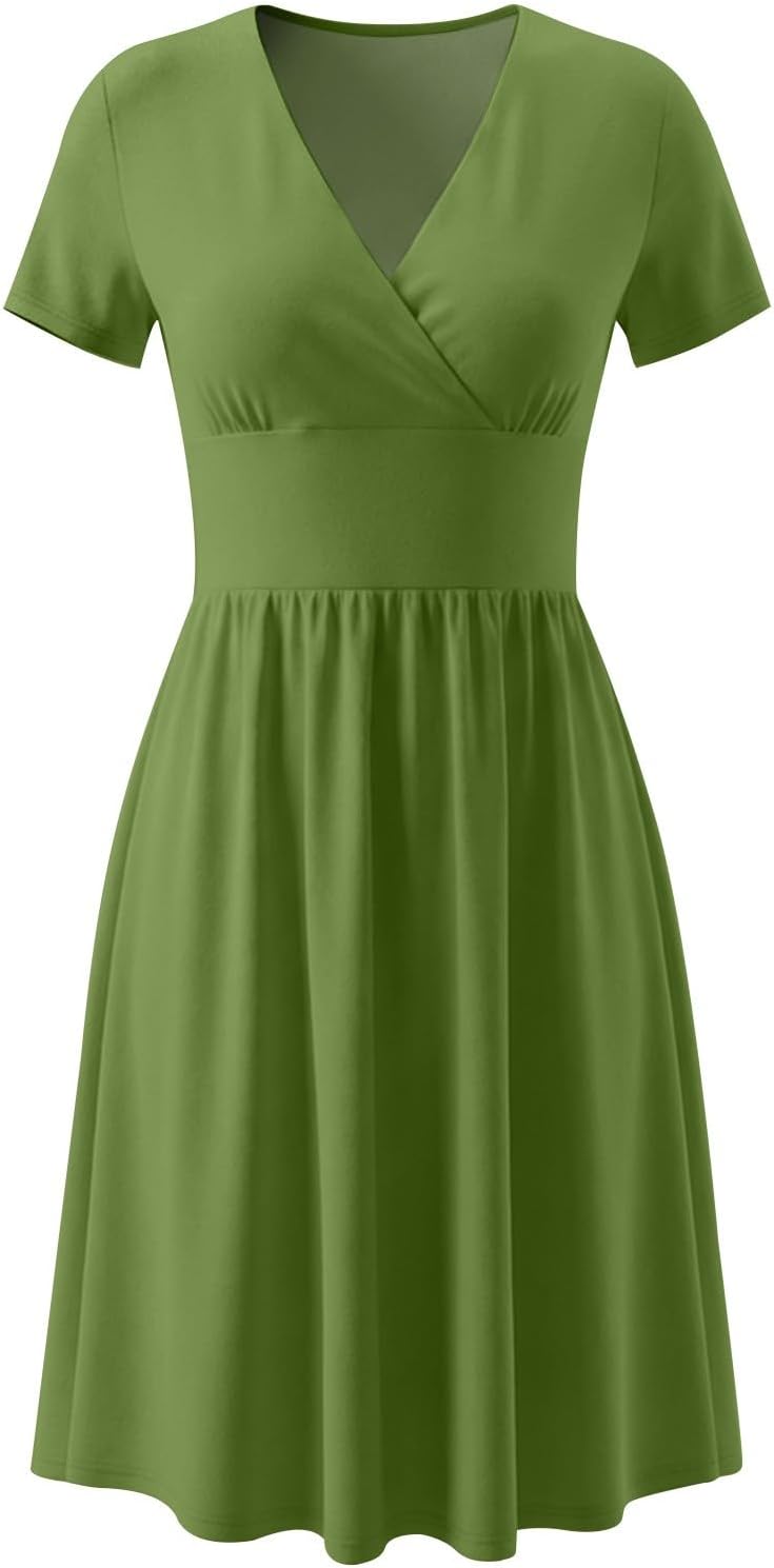 Clara Women's Dress – Elegant Midi Dress with V-Neck, Short Sleeves, High Waist, A-Line