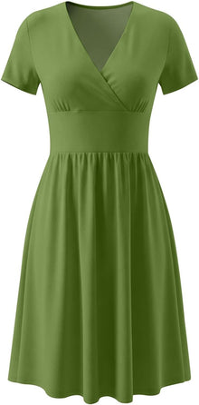 Clara Women's Dress – Elegant Midi Dress with V-Neck, Short Sleeves, High Waist, A-Line