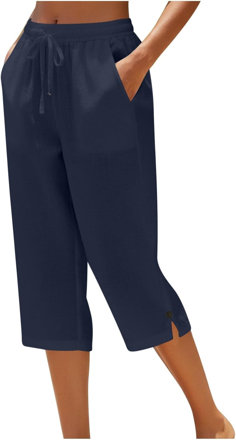 Miazon Women's Capri Pants – Wide Cut, Elastic Waist, Comfortable Summer Cotton Linen