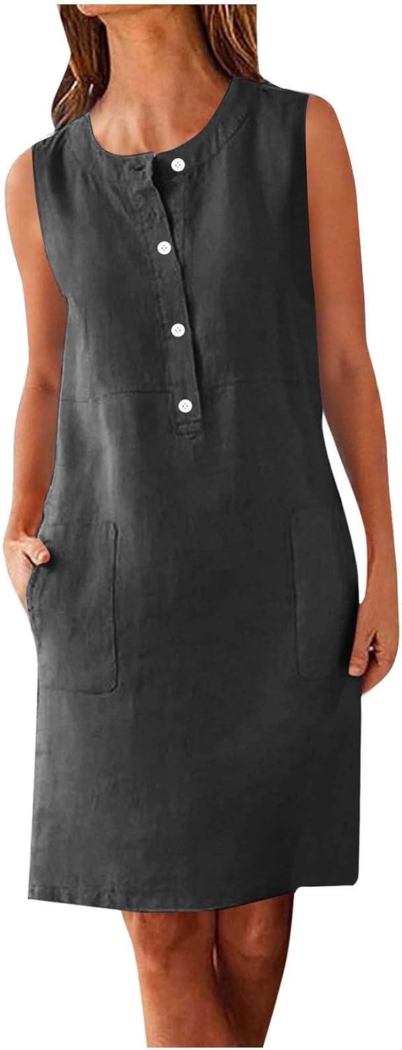 Nina Women's Dress – Mini Linen Dress with Round Neck, Sleeveless, Flowing Cut with Pockets, Summer