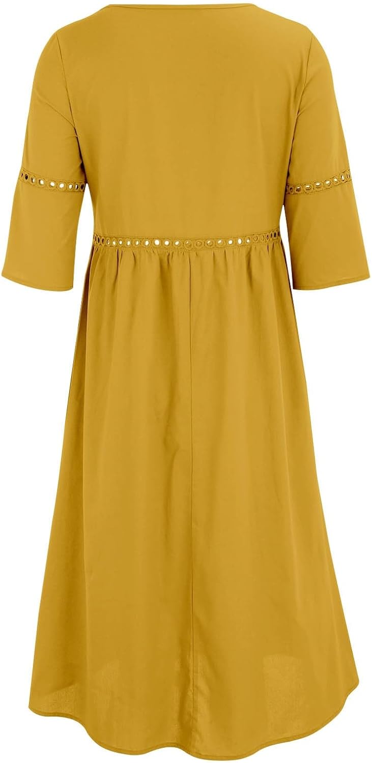 Laura Women's Dress – Midi Linen Dress with V-Neck, 3/4 Sleeves, Pockets, A-Line Summer Dress