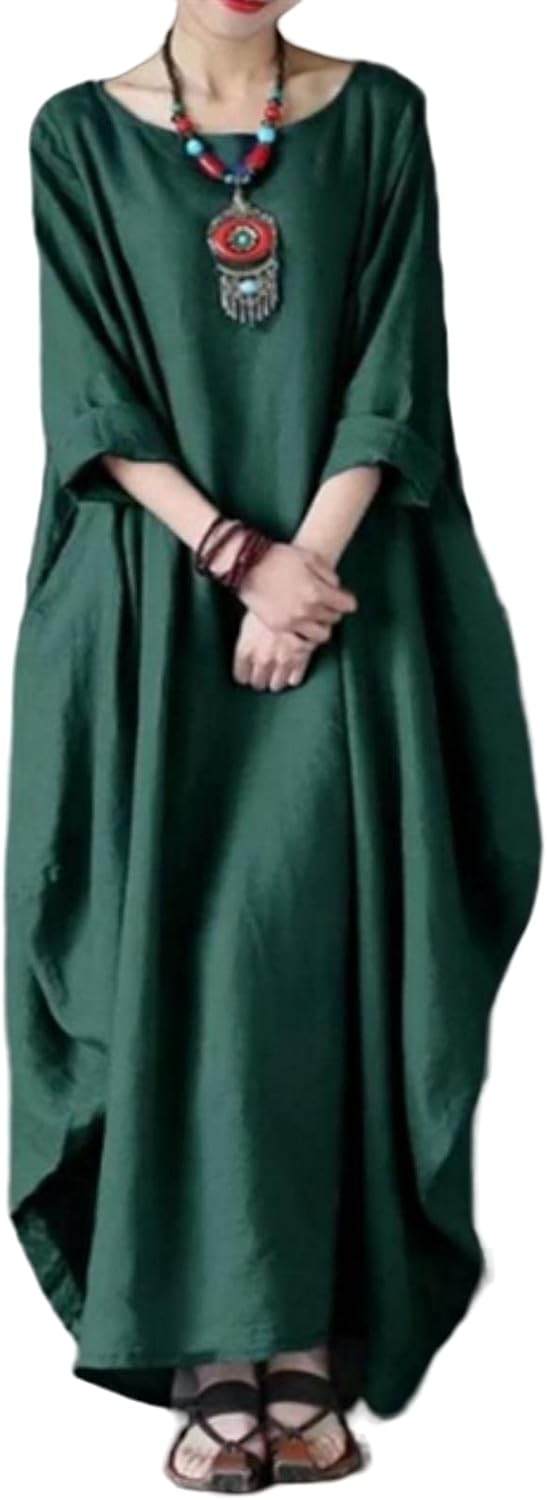 Sandy Long Dress for Women – Maxi Cotton-Linen Dress, Loose Fit, Round Neck, 3/4 Sleeves, Elegant