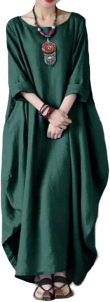 Sandy Long Dress for Women – Maxi Cotton-Linen Dress, Loose Fit, Round Neck, 3/4 Sleeves, Elegant