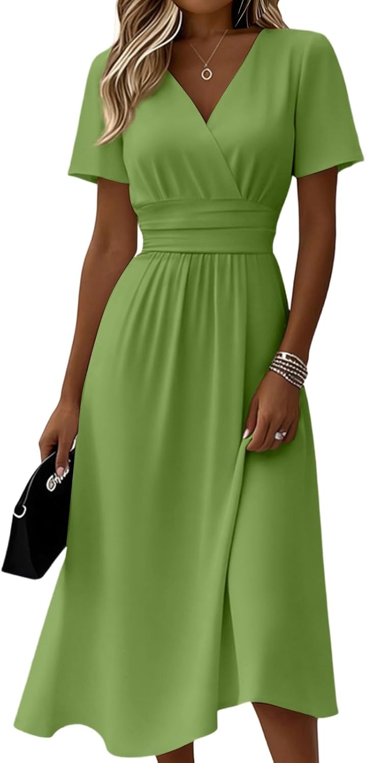 Clara Women's Dress – Elegant Midi Dress with V-Neck, Short Sleeves, High Waist, A-Line