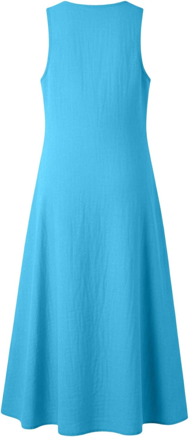 Laura Women's Dress – Midi Cotton Dress V-Neck Sleeveless Buttons A-Line Cut Summer