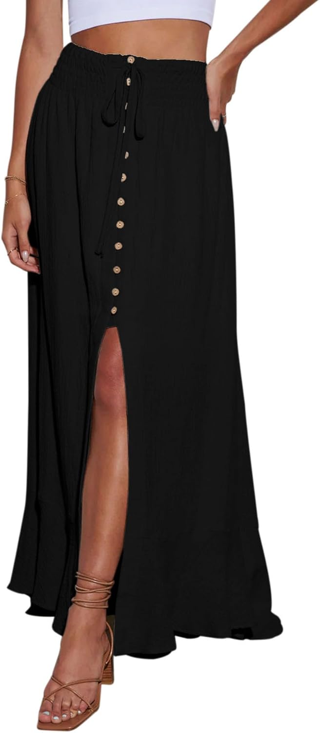 Mayen Long Skirt for Women – Maxi Skirt with Elastic Waist, Slit & Flowing Summer Style