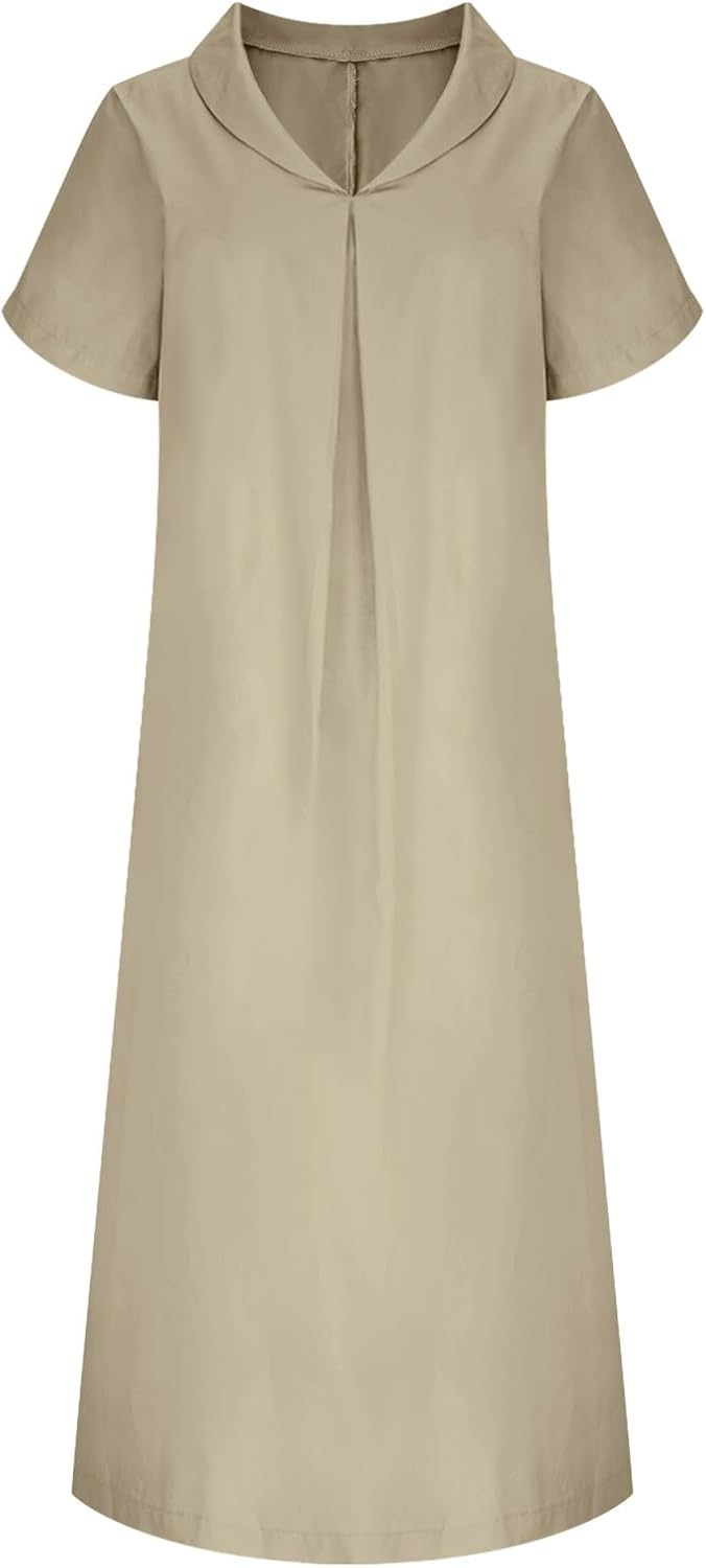 Sophie Women's Dress – Maxi Linen Dress V-Neck Short Sleeves Pockets A-Line Summer