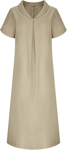 Sophie Women's Dress – Maxi Linen Dress V-Neck Short Sleeves Pockets A-Line Summer
