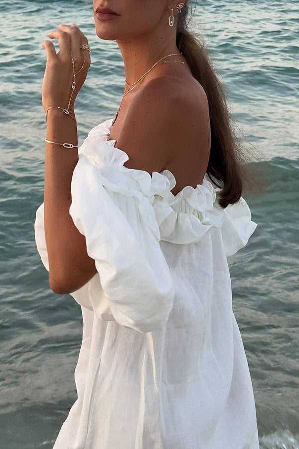 Valentina Maxi Dress Woman – Boho Dress Off-Shoulder Cotton with Ruffles & Bardot Neckline
