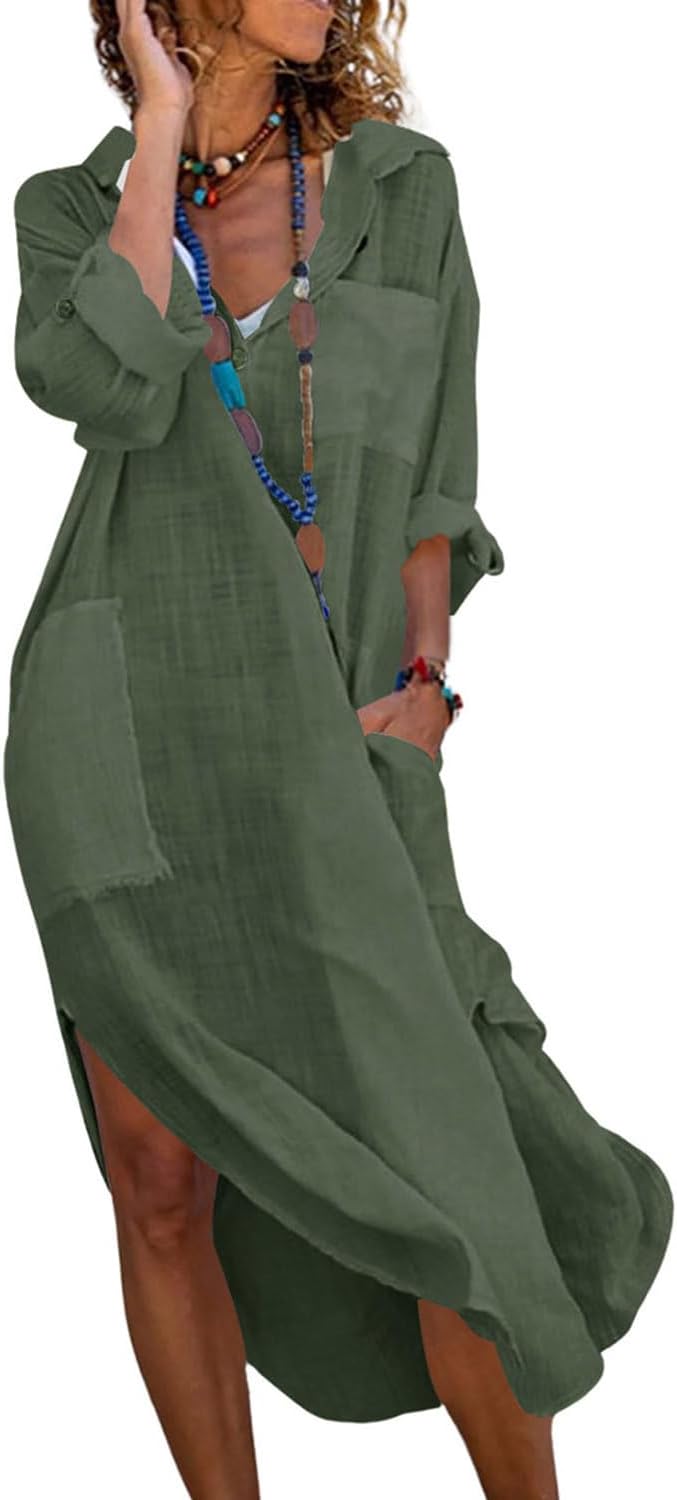 Emma Long Robe Chemise for Women – Buttoned Linen Cotton Dress with Slits and Pockets
