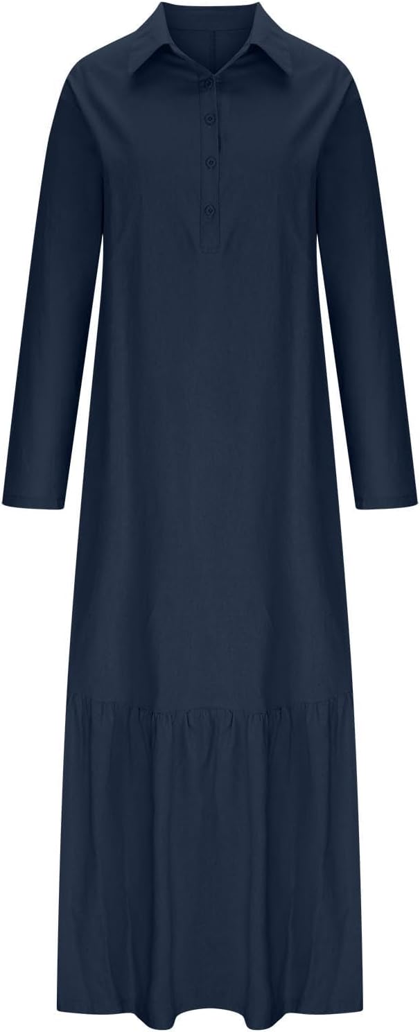 Élina Long Cotton and Linen Dress for Women – Loose Shirt Dress with Asymmetric Hem