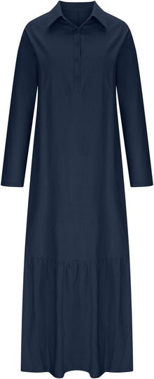 Élina Long Cotton and Linen Dress for Women – Loose Shirt Dress with Asymmetric Hem