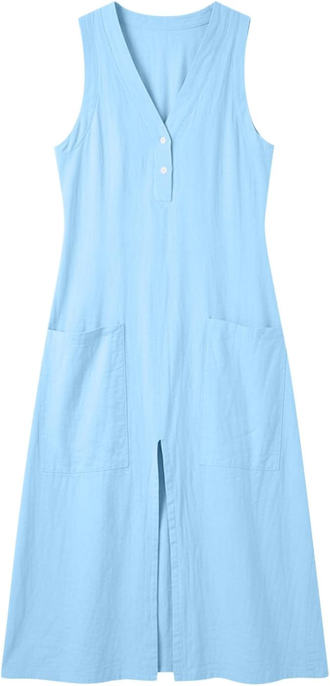 Emma Women's Robe – Maxi Linen Dress V-Neck Sleeveless Slit Pockets Elegant Summer