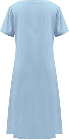 Emma Women's Robe – Midi Linen Dress Round Neck Slit Pockets Elegant A-Line Summer