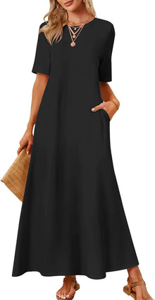Julie Maxi Dress for Women – Long Dress with Short Sleeves and Pockets, Casual Elegant