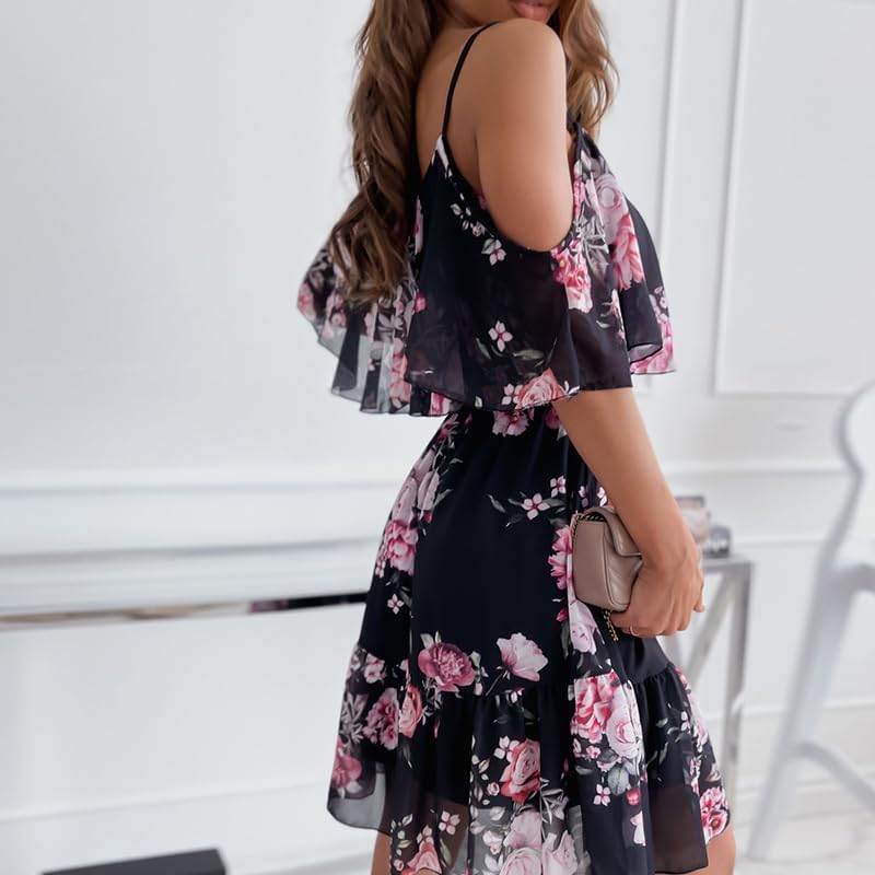 Mhaine Women's Bohemian Dress – Off-Shoulder, Ruffles, Flowing Midi Cut Summer