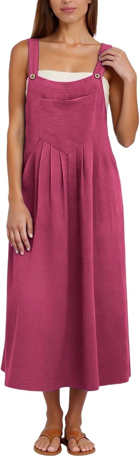 Camille Long Overalls Dress for Women – Pleated Pinafore Dress with Adjustable Straps and Pockets