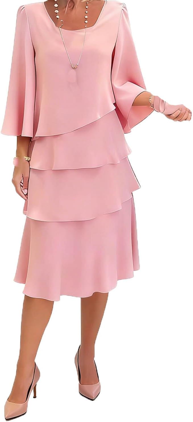 Camille Women's Dress – Elegant Midi Dress with Ruffles and Flared Sleeves for Cocktail and Wedding