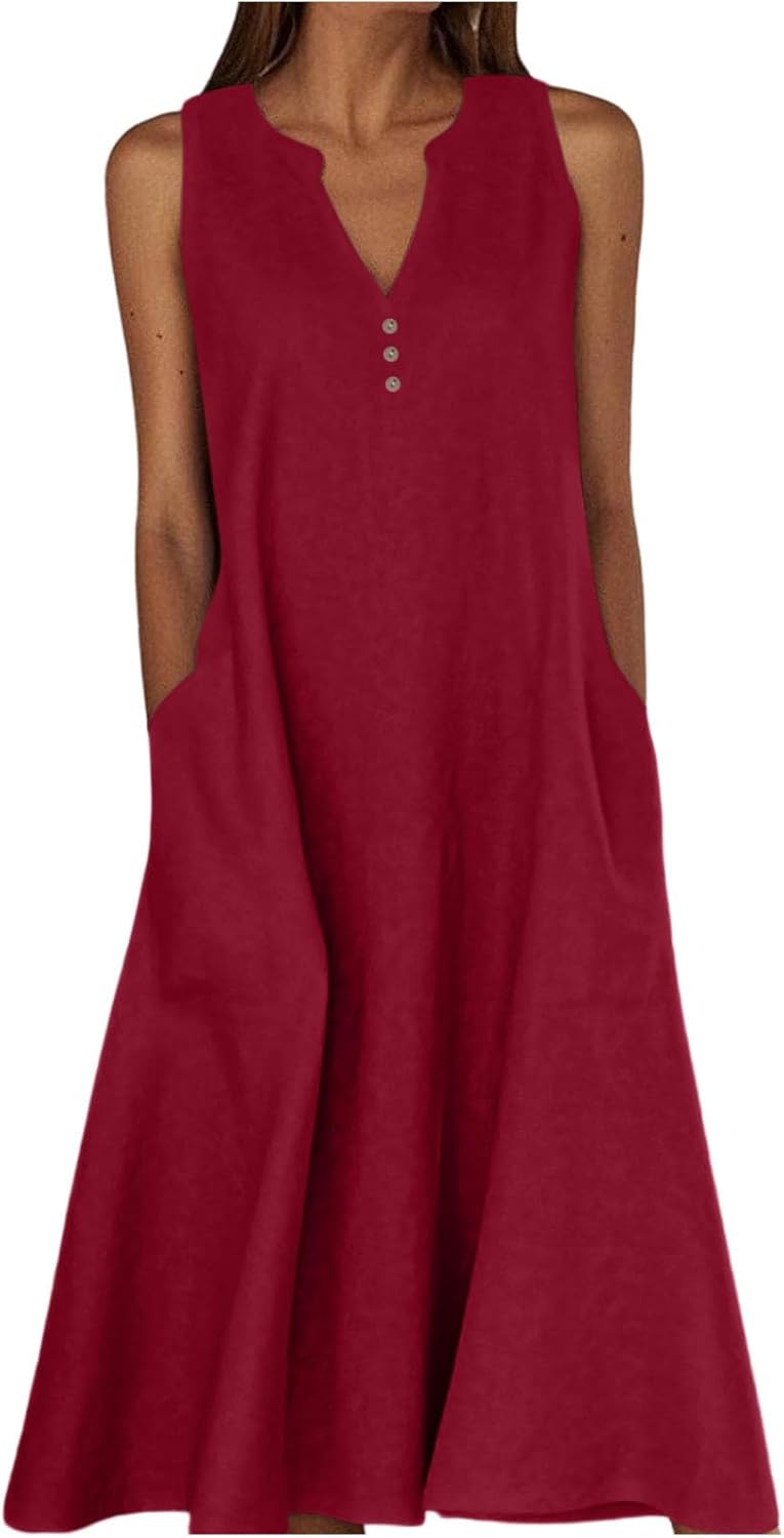 Camille Women's Dress – Maxi Linen Dress with V-Neck, Sleeveless, Buttoned, Pockets, Summer