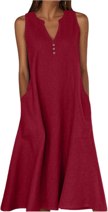 Camille Women's Dress – Maxi Linen Dress with V-Neck, Sleeveless, Buttoned, Pockets, Summer