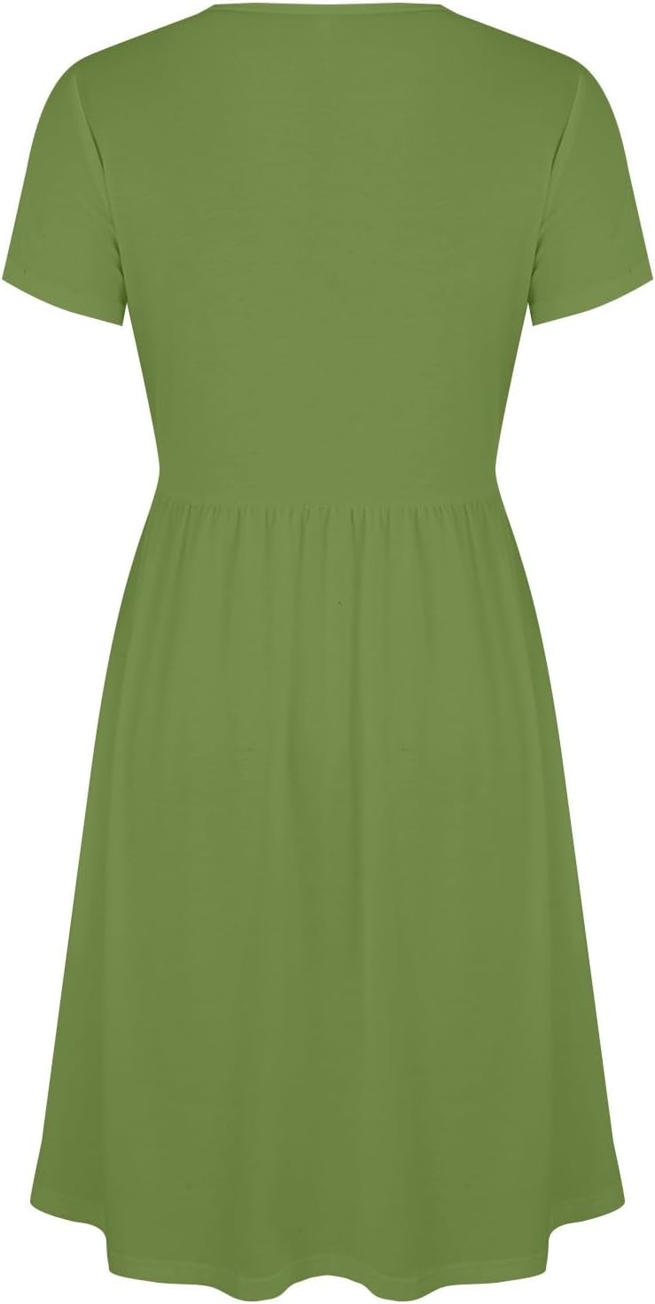 Clara Women's Dress – Elegant Midi Dress with V-Neck, Short Sleeves, High Waist, A-Line