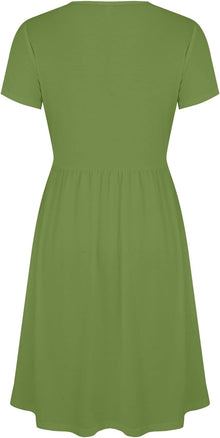 Clara Women's Dress – Elegant Midi Dress with V-Neck, Short Sleeves, High Waist, A-Line