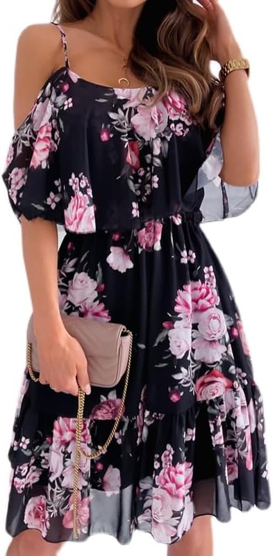Mhaine Women's Bohemian Dress – Off-Shoulder, Ruffles, Flowing Midi Cut Summer