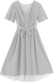 Amélie Women's Dress – Elegant Midi Chiffon Dress with V-Neck, Short Sleeves, and Wrap Waist