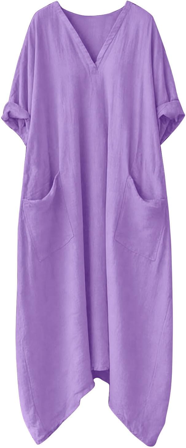 Mila Women's Dress – Maxi Linen Dress V-Neck 3/4 Sleeves A-Line Oversized Summer Dress