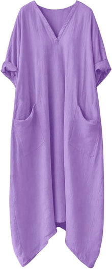 Mila Women's Dress – Maxi Linen Dress V-Neck 3/4 Sleeves A-Line Oversized Summer Dress
